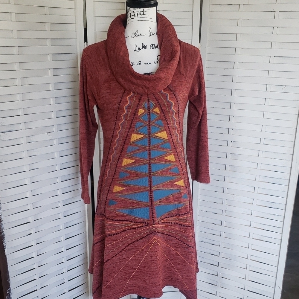 Uncle Frank Red Brick Geometric Embroidery Cowl Neck Dress Size S